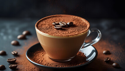 Aromatic Coffee Bliss: A close-up shot of a warm, inviting cup of coffee, adorned with coffee beans, nestled on a stylish saucer, a testament to the simple pleasures of life. 