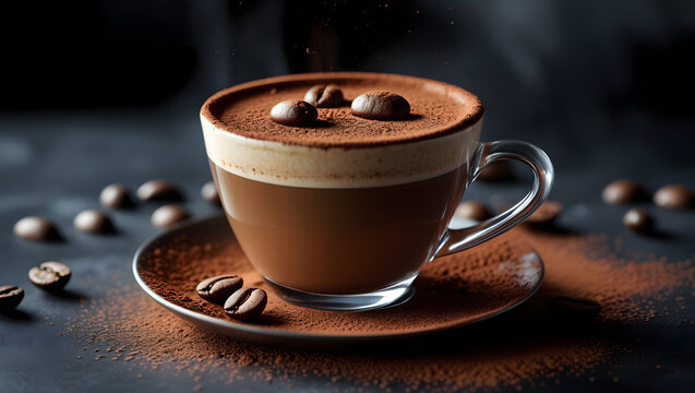 Cup of Coffee: A close-up shot of a rich, inviting cup of coffee, adorned with coffee beans and a dusting of cocoa powder, sitting on a saucer.