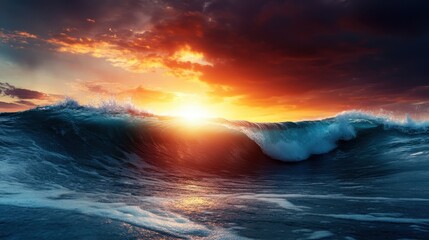 Naklejka premium A dramatic ocean wave crashing forward against a stunning sunset backdrop, illustrating nature's power and beauty in an explosion of colors and motion.