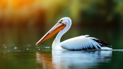 This stunning image showcases a pelican peacefully swimming on a serene body of water, illuminated by the warm glow of dawn, capturing nature's tranquility and beauty.