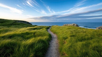 Obraz premium A scenic pathway through lush greenery leads to the coastline, capturing the beauty and serenity of nature and inviting viewers to take a journey into the tranquil landscape.