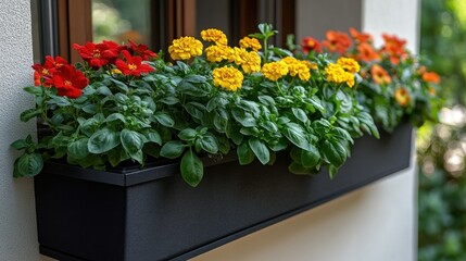 Fototapeta premium Colorful flowers in a window box. A variety of vibrant blooms, including reds, oranges, and yellows, are arranged in a dark gray planter box, nestled against a light-colored wall. 