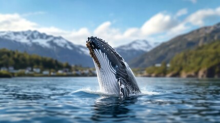 Fototapeta premium Majestic whale breaching in serene fjord, wildlife adventure nature exploration, ocean conservation, Earth Day celebration