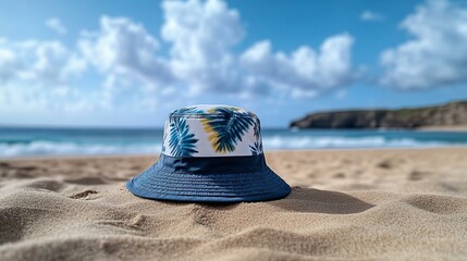 Colorful bucket hat on sandy beach, summer vacation relaxation, tropical getaway vibes, coastal travel, rejuvenating ocean holiday escape