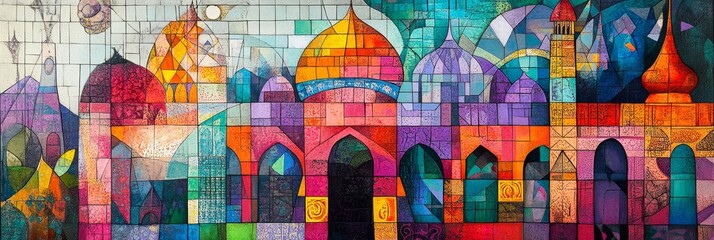 Colorful abstract painting of a building with domes and arches