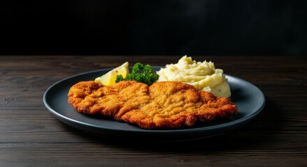 Crispy breaded schnitzel with mashed potatoes and lemon on dark plate