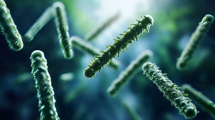 Fototapeta premium Abstract close-up of floating bacteria, microbiology research concept, disease prevention, health science background for medical studies