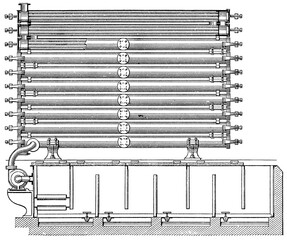 Tube cooler in brewery. Publication of the "Meyers encyclopedia", Vol. 7, Leipzig, Germany, 1910.