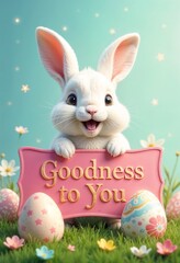 Happy Easter Rabbit Holding a Pink Sign with Gold Lettering