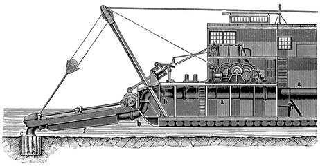 Steam excavator with bucket chain (longitudinal section). Publication of the 