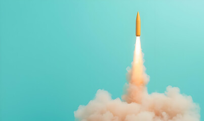 Slow Motion Flight of a Yellow Rocket with Smoke on Blue Background
