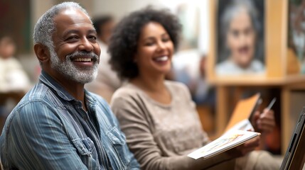 Smiling participants enjoy art class in a cozy community center