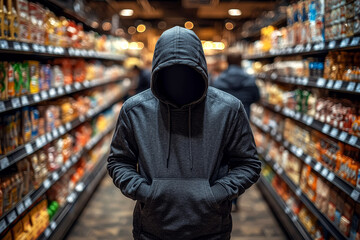 Hooded man in dark jacket holds packaged snacks in store aisle, suspicious behavior suggests possible shoplifting attempt