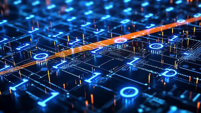Abstract digital data network visualization with glowing binary code and circuit patterns on a dark background