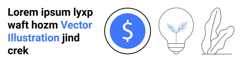 Obraz premium Dollar symbol in blue circle, light bulb with sprouting leaf, abstract plant accent. Ideal for finance, sustainability, eco-business, innovation, creativity, investment simple landing page