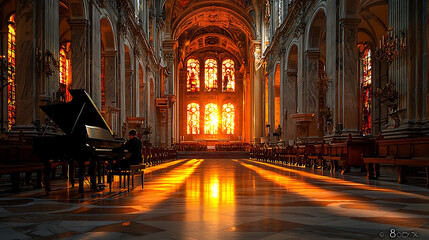 A lone pianist plays in a grand cathedral bathed in the warm golden light of sunset streaming through stunning stainedglass windows.  The scene evokes serenity, spirituality, and artistic inspiration.