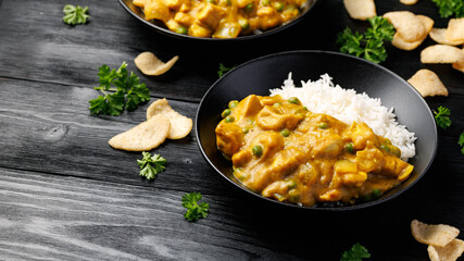 Chinese Chicken Curry with rice. Chinese take away food