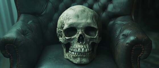 Fototapeta premium A skull is sitting on a black chair