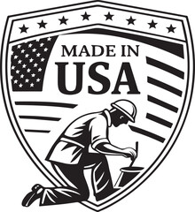 Illustration of a retro-style coat of arms combining Austria and United States symbols with a shield design featuring a woman and worker icon