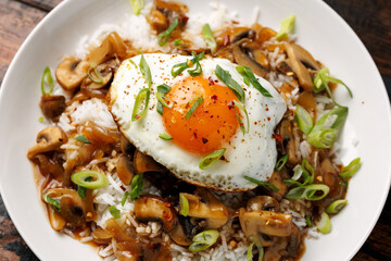Hawaiian Loco Moco with hamburger, fried egg and brown mushroom gravy
