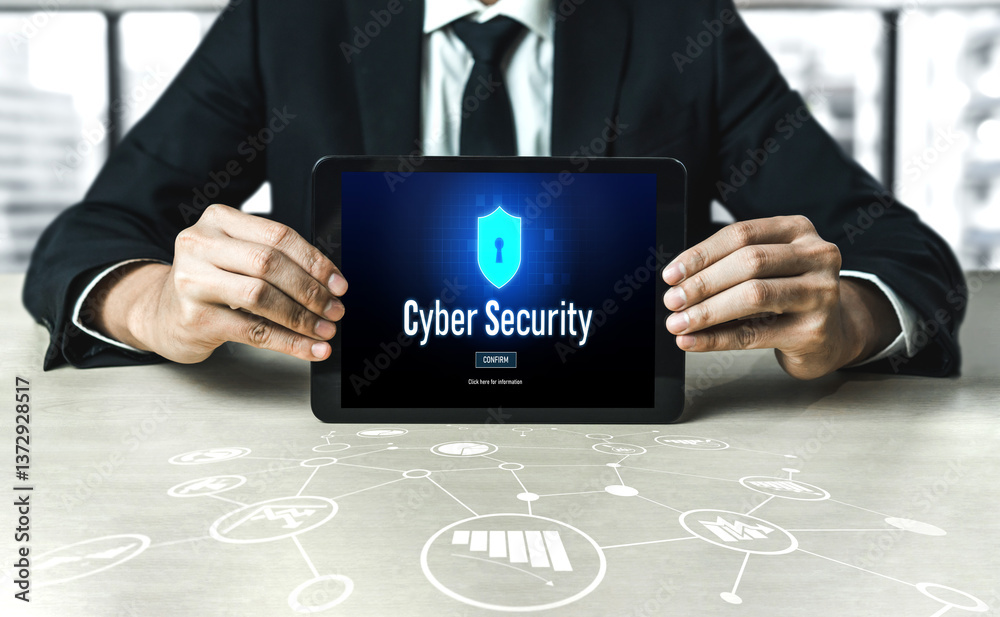 Poster cyber security system on computer screen protect private information snugly from hacker and cyber at