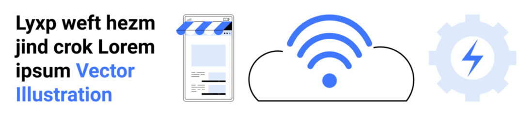 Mobile app interface next to cloud and gear with lightning bolt, symbolizing digital operations, IoT, automation, energy, innovation. Ideal for technology, efficiency, collaboration simple landing