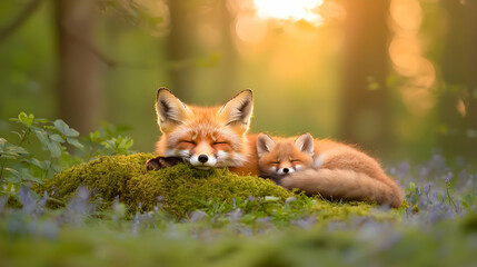 Mother Fox Resting Beside Her Kit in a Serene Forest Setting