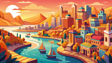 Fototapeta premium A city with a river and a beach in the background. The sky is orange and pink. The city is full of buildings and boats