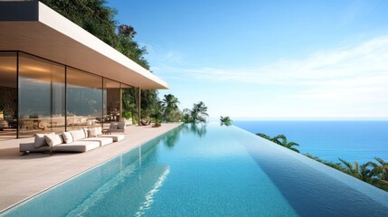Fototapeta premium Infinity Pool Overlooking Ocean with Modern Architecture and Tropical Greenery