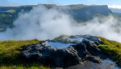 Fototapeta premium Geothermal Area with Steaming Hot Spring Pools in Iceland's Rugged Landscape with Black Lava Rocks and Distant Hills and Volcanic Activity Under a Clear Blue Sky