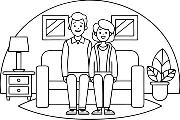 Line Art Couple on Couch Interior Simplistic Design with Transparent Background