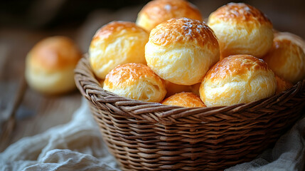 Pile of Golden Buns in a Woven Basket on Wooden Table with Sugar Dusting Food Photography