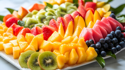 A bright and vibrant fruit platter with fresh tropical fruits artfully sliced into fun, geometric shapes, ideal for a summer celebration.