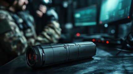 A high-tech black device highlighted in a dark room filled with computers, evoking a sense of mystery and cyber exploration, perfect for cybersecurity and gaming enthusiasts.