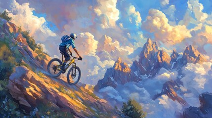 Naklejka premium Adventurous mountain biker conquering a scenic rocky trail amid cloudy peaks