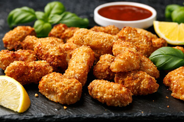 Crispy breaded scampi nuggets with sauce on stone board