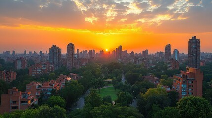 Obraz premium Sunset cityscape, orange sky, green park below