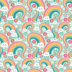 Сhildish seamless pattern with  clouds, rainbows, stars.