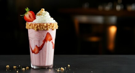 Strawberry milkshake with whipped cream and cookie crumble in glass