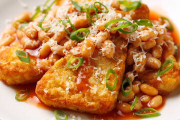 Loaded Hash Browns with baked beans and cheese