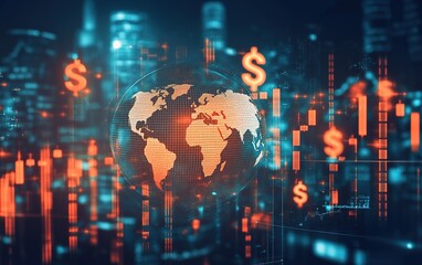 Obraz premium A technological image featuring financial symbols and a globe, highlighting the integration of global finance and digital technology.