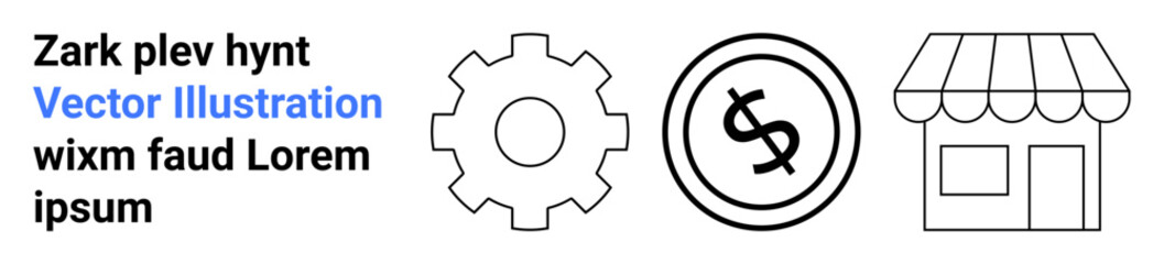 Gear, coin with dollar sign, and storefront in minimal line design. Ideal for business, finance, commerce, marketing, entrepreneurship, industry and economic abstract line flat metaphor