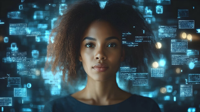 Portrait of Young African Woman in Dark Shirt with Glowing Blue Digital Data Overlays and Soft Lighting Artificial Intelligence Concept