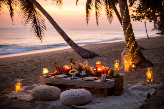 a romantic beach dinner setup at sunset. A wooden table holds candles, flowers, and plates, surrounded by palm trees and string lights. Waves gently lap the shore under a twilight sky.