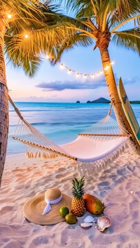 a hammock tied between palms on a sandy beach. String lights add charm, while tropical fruits, a hat, and seashells decorate the area. The sunset casts a tranquil glow.
