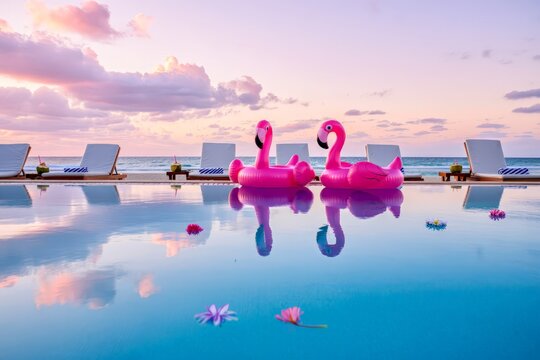 two pink flamingo inflatables reflecting in the water. Lounge chairs line the edge, and floating flowers add charm. The purple-pink sky creates a tranquil, picturesque view.