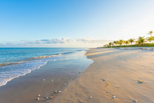 a tranquil beach with pristine blue waters and soft waves. The sandy shore is dotted with seashells, while distant palm trees sway under a sunny sky with scattered clouds.