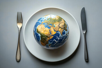 Global food security concept. Globe on plate with cutlery. Use for World Food Day, sustainable agriculture, hunger awareness, environmental issues, and nutrition campaigns.