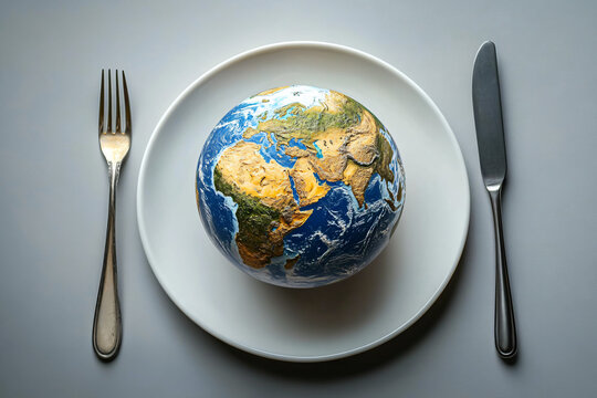 Global food security concept. Globe on plate with cutlery. Use for World Food Day, sustainable agriculture, hunger awareness, environmental issues, and nutrition campaigns.