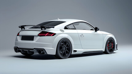 Rear View of Sleek White Coupe Sportscar with Black Accents on Grey Background Featuring Modern Design and Performance Elements